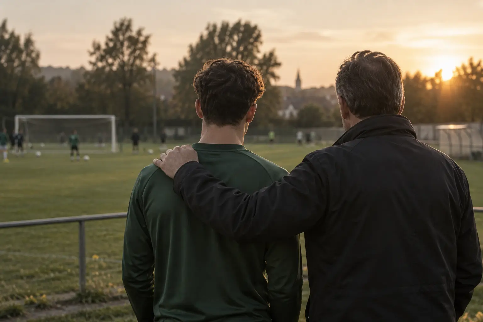 KI-generiertes Symbolbild: Vater und erwachsener Sohn am Fußballplatz